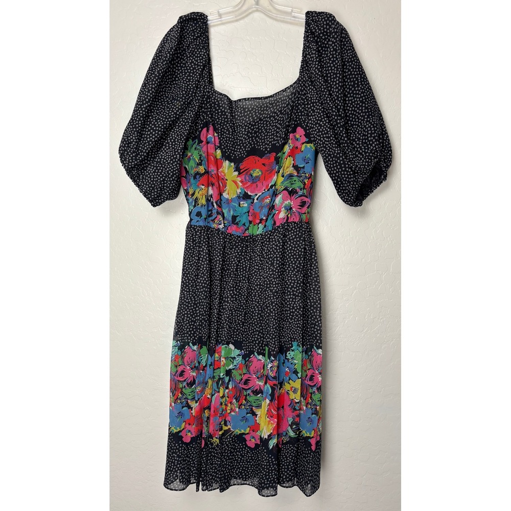 Albert Nipon Vintage Floral Polka Dot Puff Sleeve Midi Dress Black White 12 2293